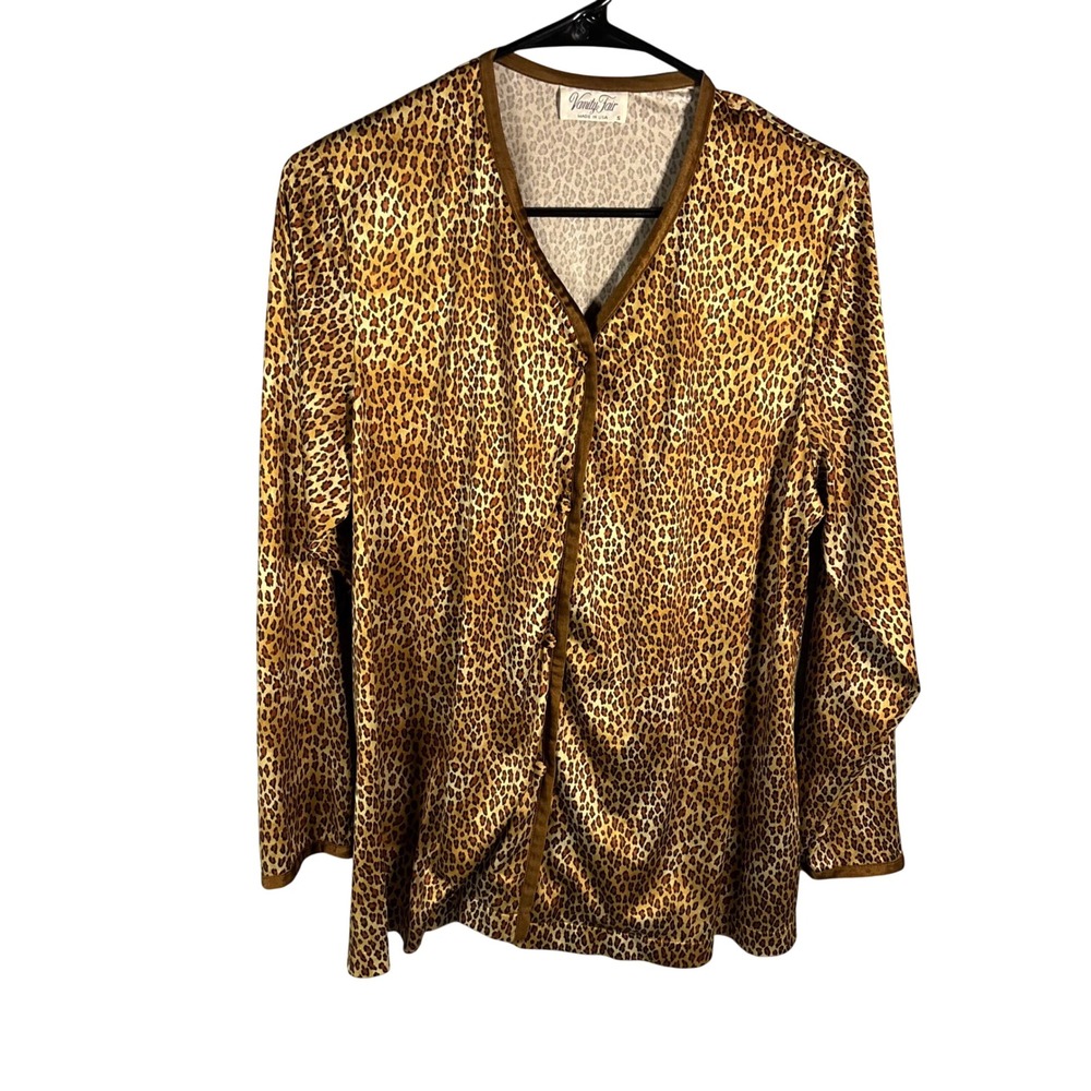 Vintage Vanity Fair Pajama Top Womens S Brown Leopard Print V-Neck Long Sleeve